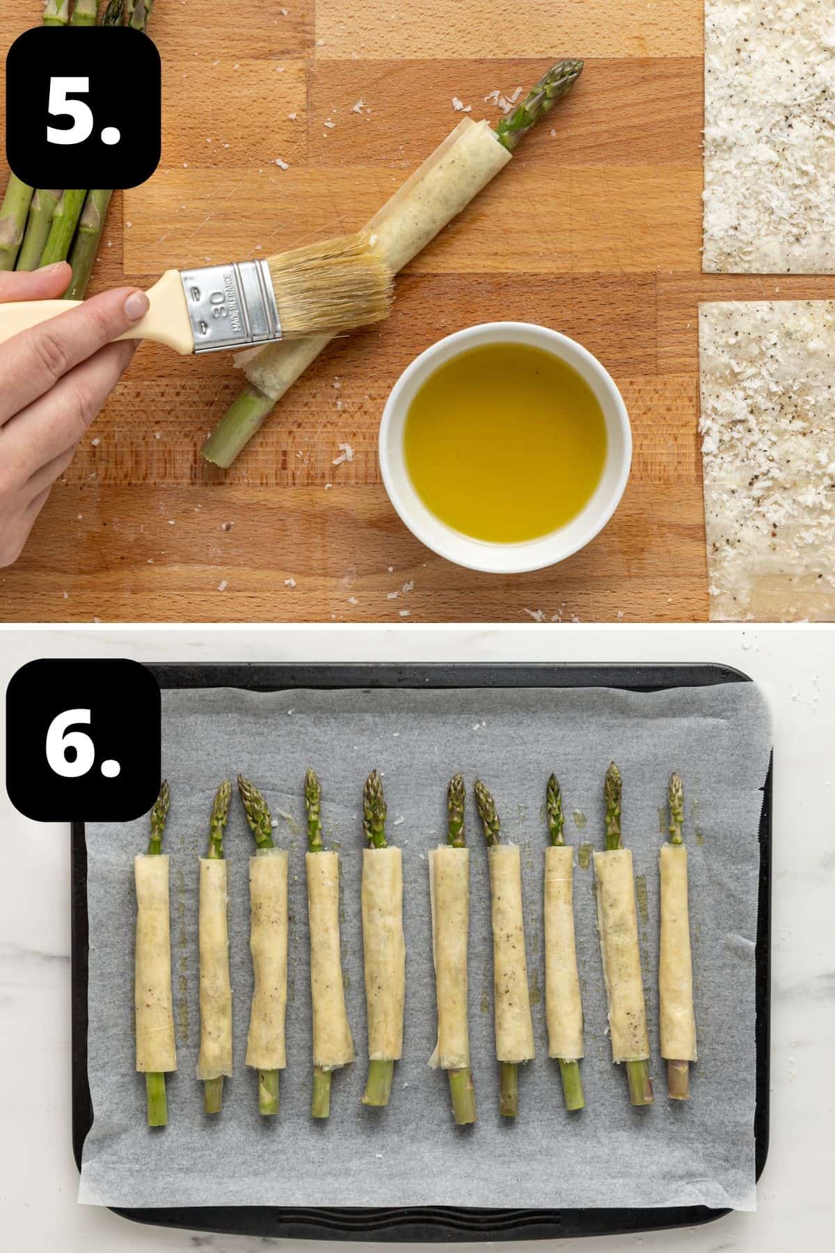 Steps 5-6 of preparing this recipe: brushing the pastry with oil and the wrapped asparagus on a baking tray ready for baking.