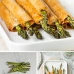 Pinterest image with photos of Asparagus Filo Rolls.