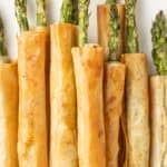 Pinterest image with photo of Asparagus Filo Rolls.