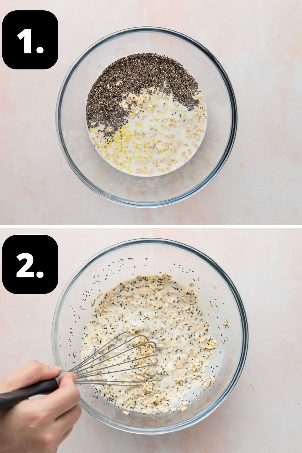 Steps 1-2 of preparing this recipe: the ingredients in a glass bowl and whisking the mixture.