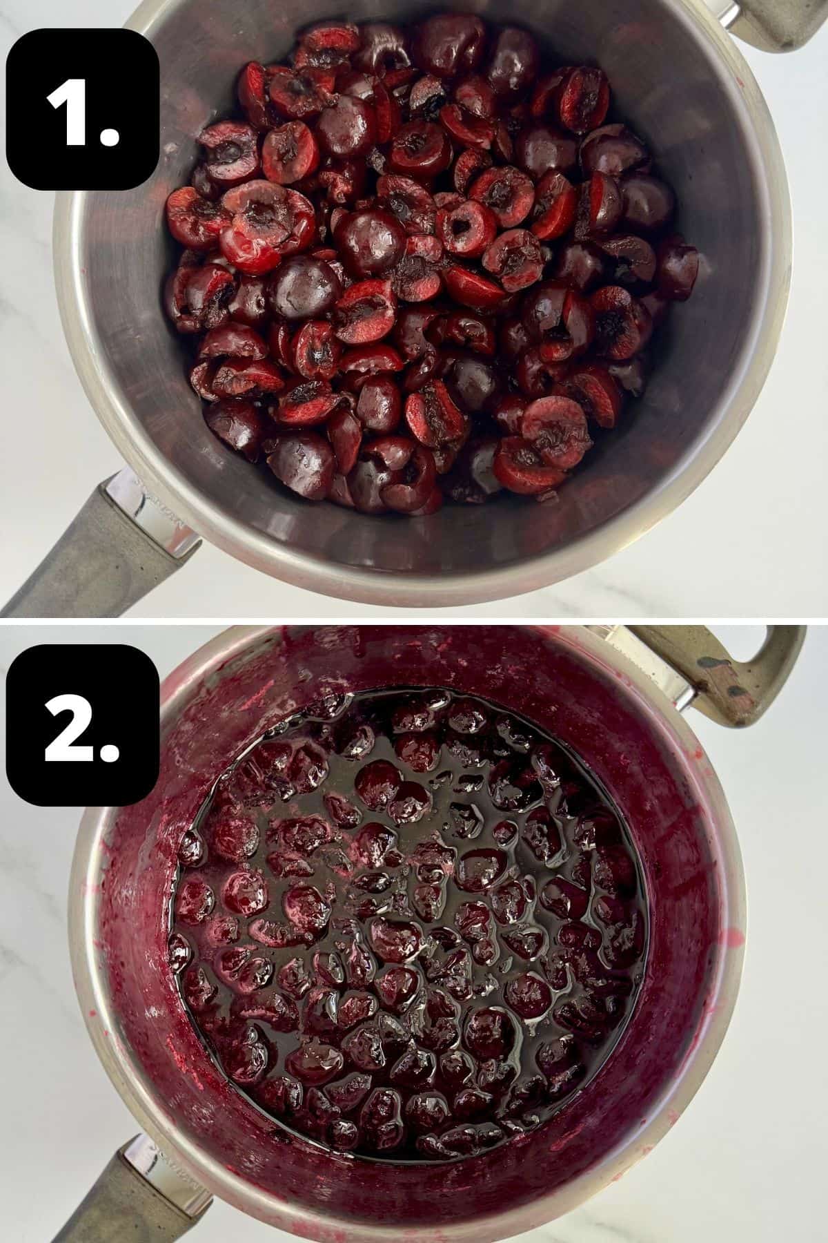 Steps 1-2 of preparing this recipe: the cherries in a saucepan and the cherry mixture cooked down.