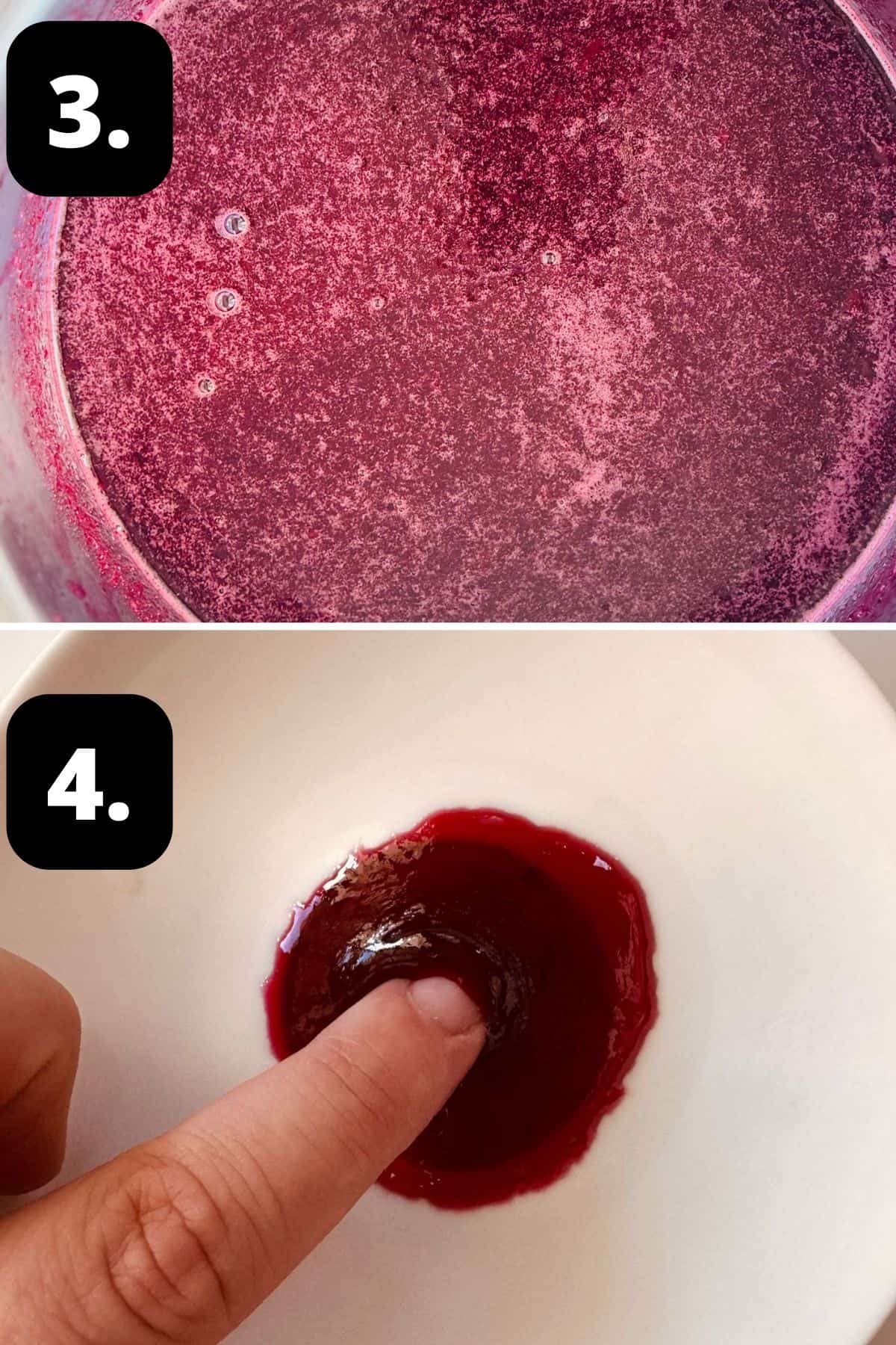Steps 3-4 of preparing this recipe: the blended cherry mixture and testing the jam for setting point.