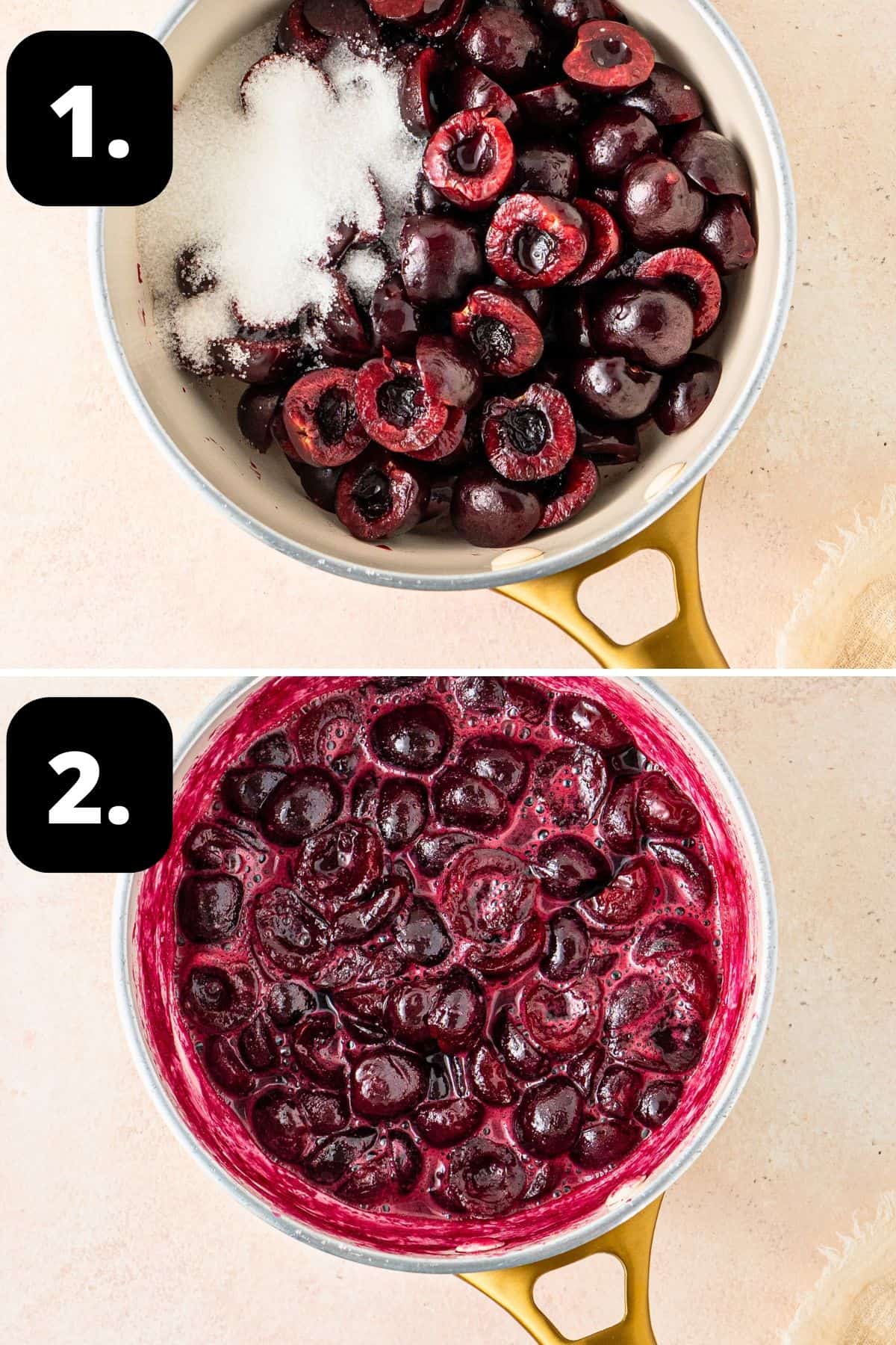 Steps 1-2 of preparing this recipe: the ingredients for the sauce in a saucepan and the cooked down mixture.