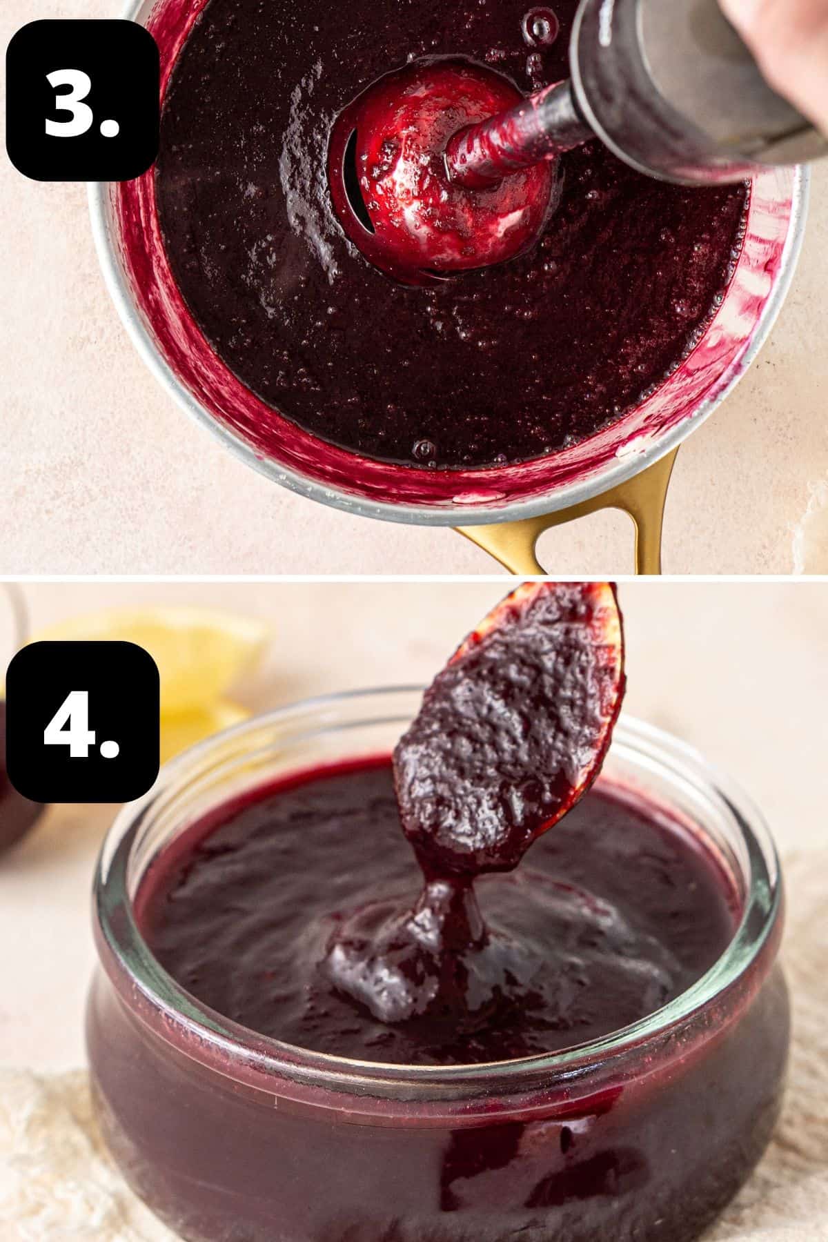 Steps 3-4 of preparing this recipe: blending the sauce until smooth and the sauce in a glass dish ready to serve.