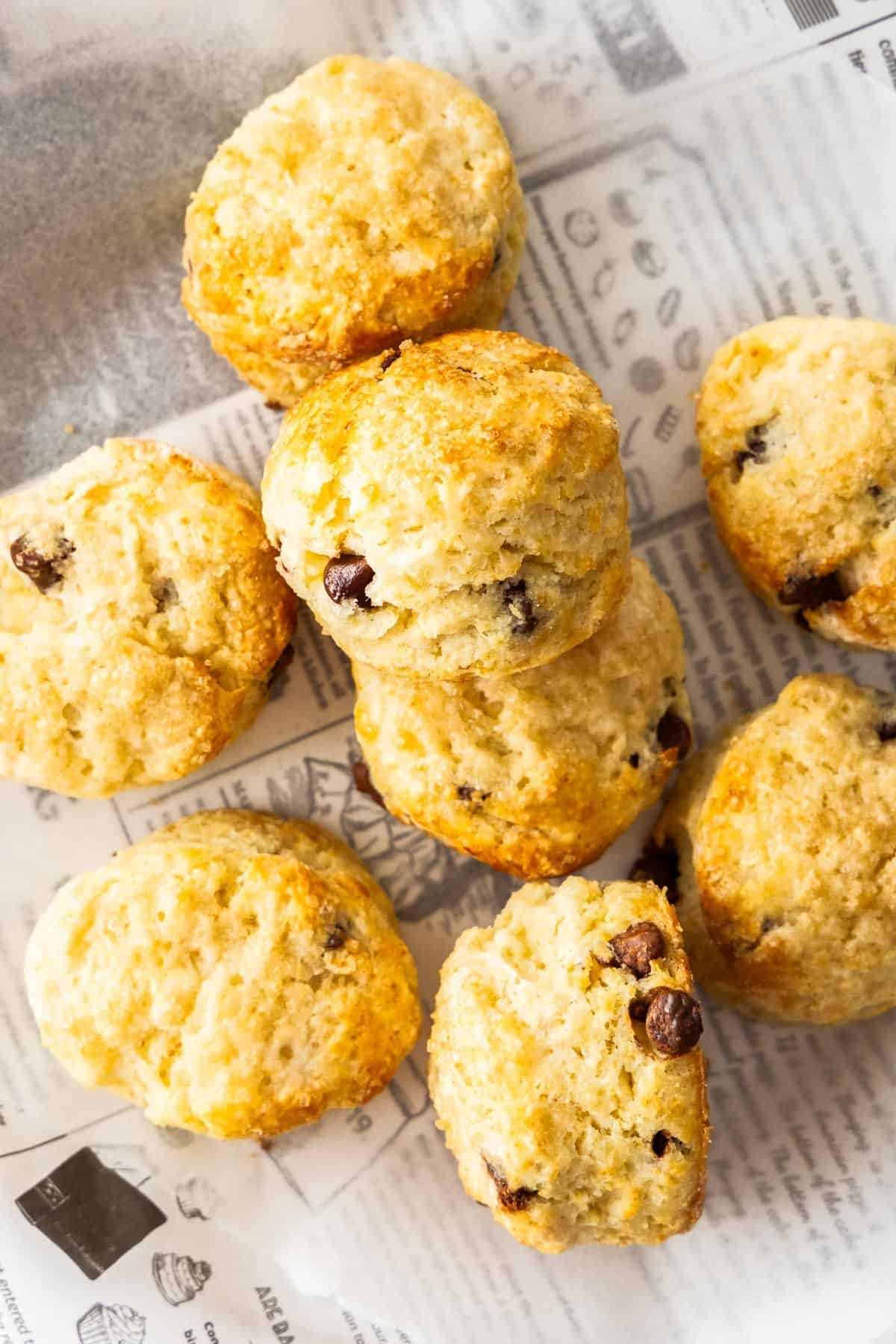 Chocolate Chip Scones sitting on some baking paper.