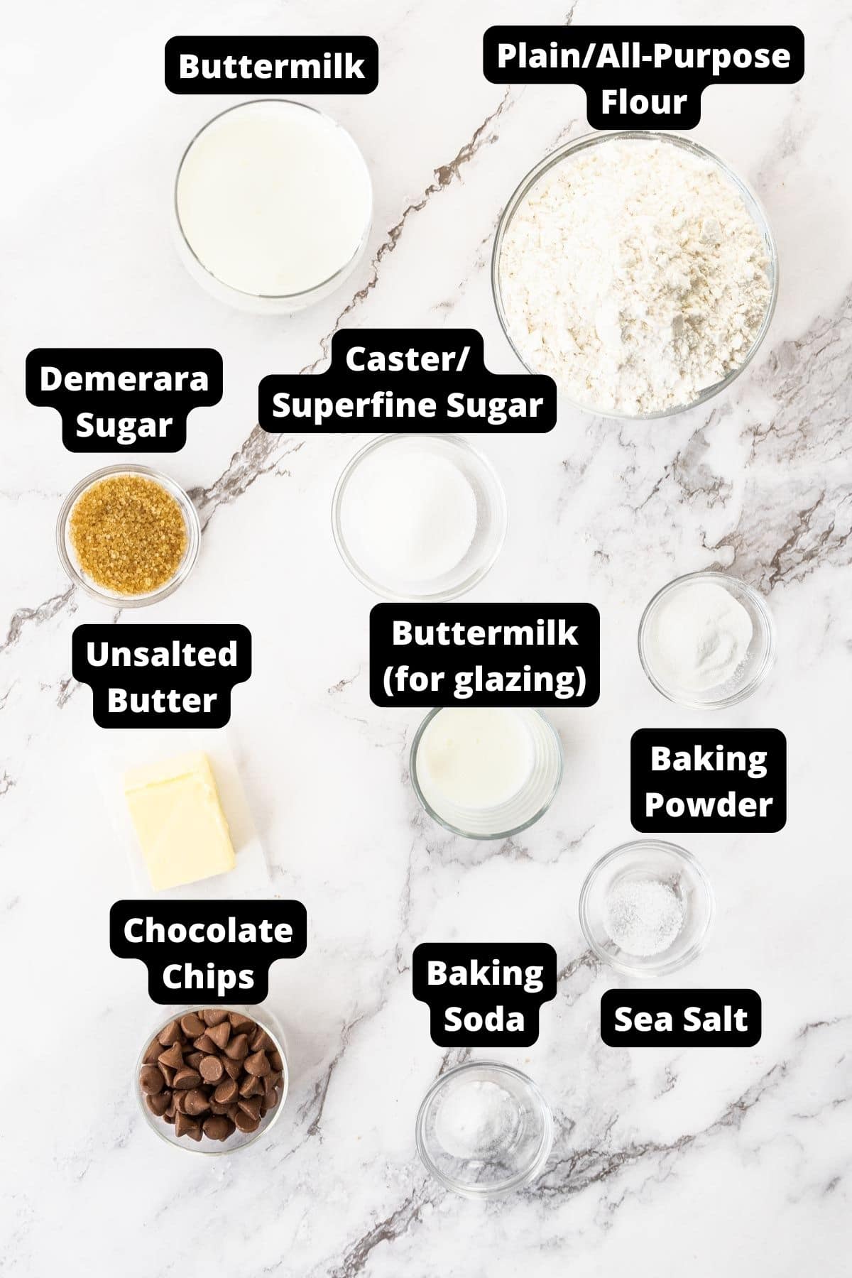 Ingredients in this recipe on a white marble background.