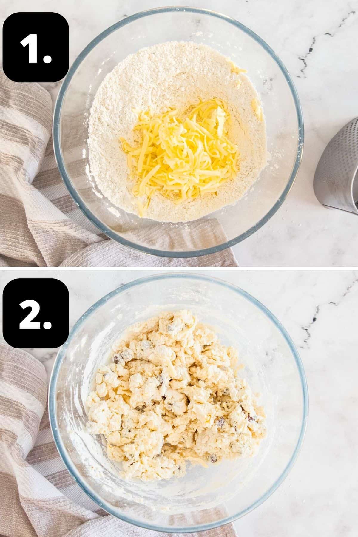 Steps 1-2 of preparing this recipe: the flour and butter in a bowl and the mixture just brought together.