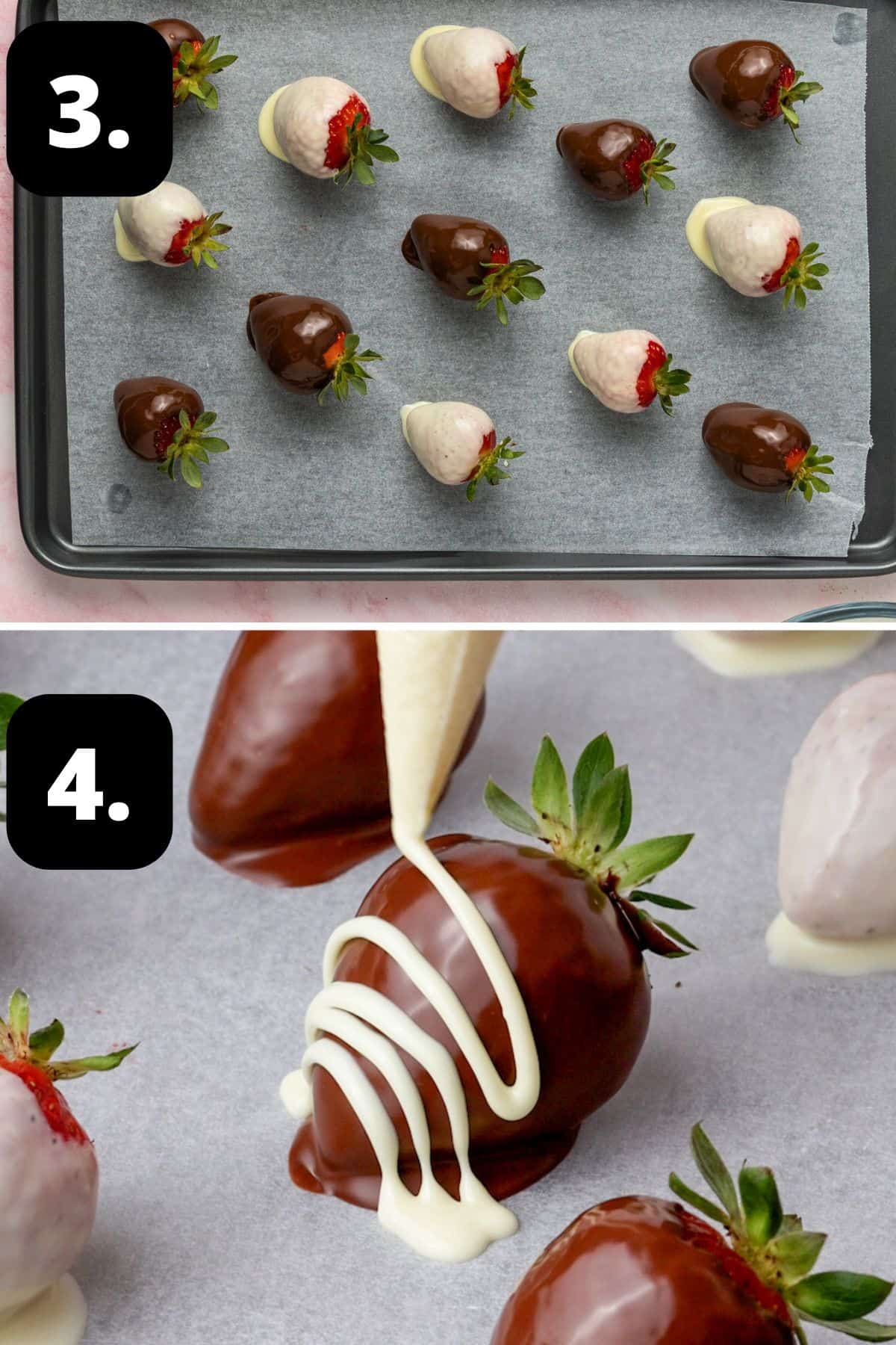 Steps 3-4 of preparing this recipe: the coated strawberries on a baking tray and drizzling with more chocolate.