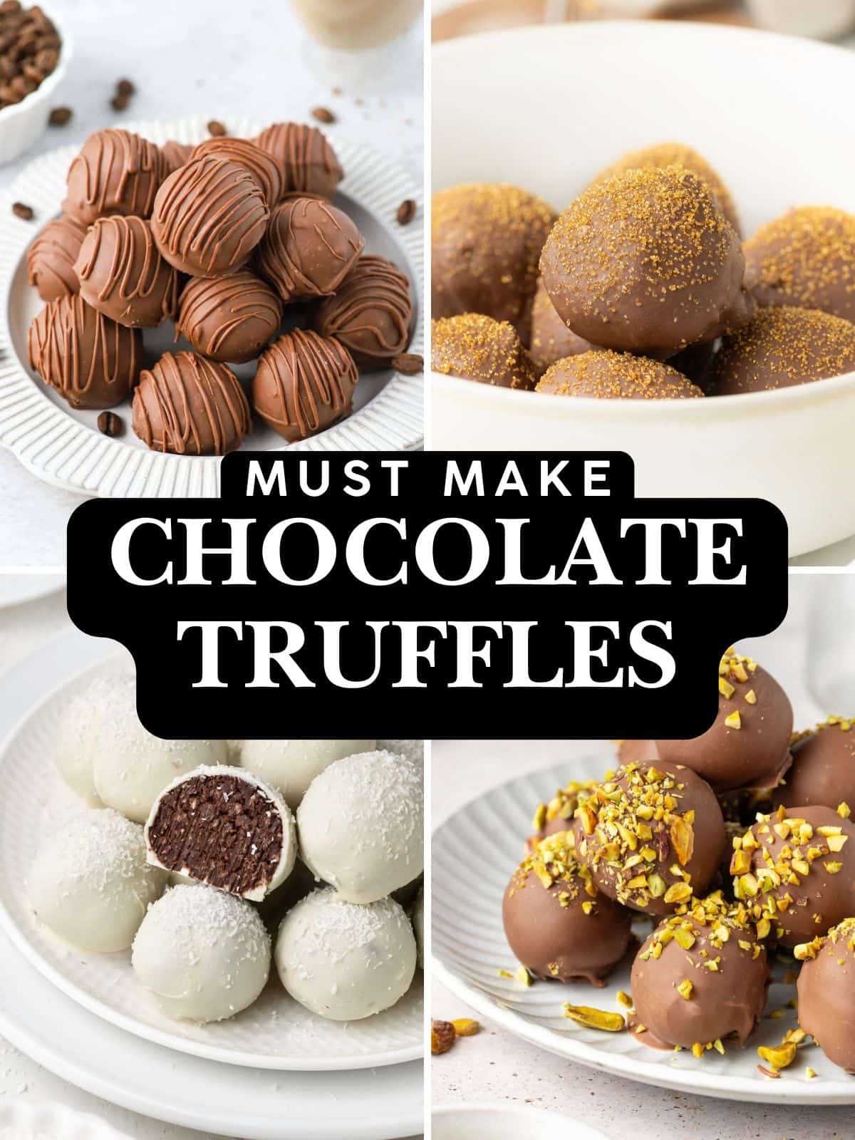 Photo collage of four chocolate truffle recipes: coffee, champagne, coconut and pistachio.