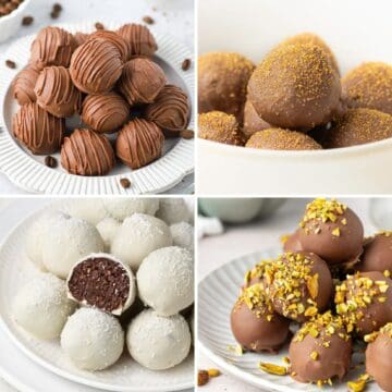 Photo collage of four chocolate truffle recipes: coffee, champagne, coconut and pistachio.