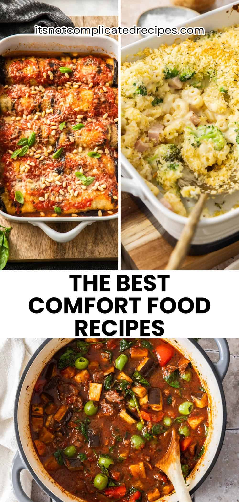 Pinterest image with photos of comfort food recipes.