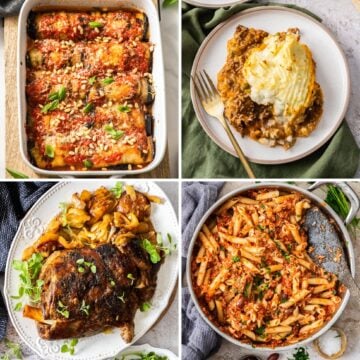 Photo collage of four comfort food dishes: eggplant involtini, cottage pie, roast lamb and tuna pasta.