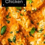 Pinterest image with photo of Creamy Tomato Chicken.