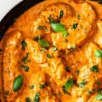 Pinterest image with photo of Creamy Tomato Chicken.