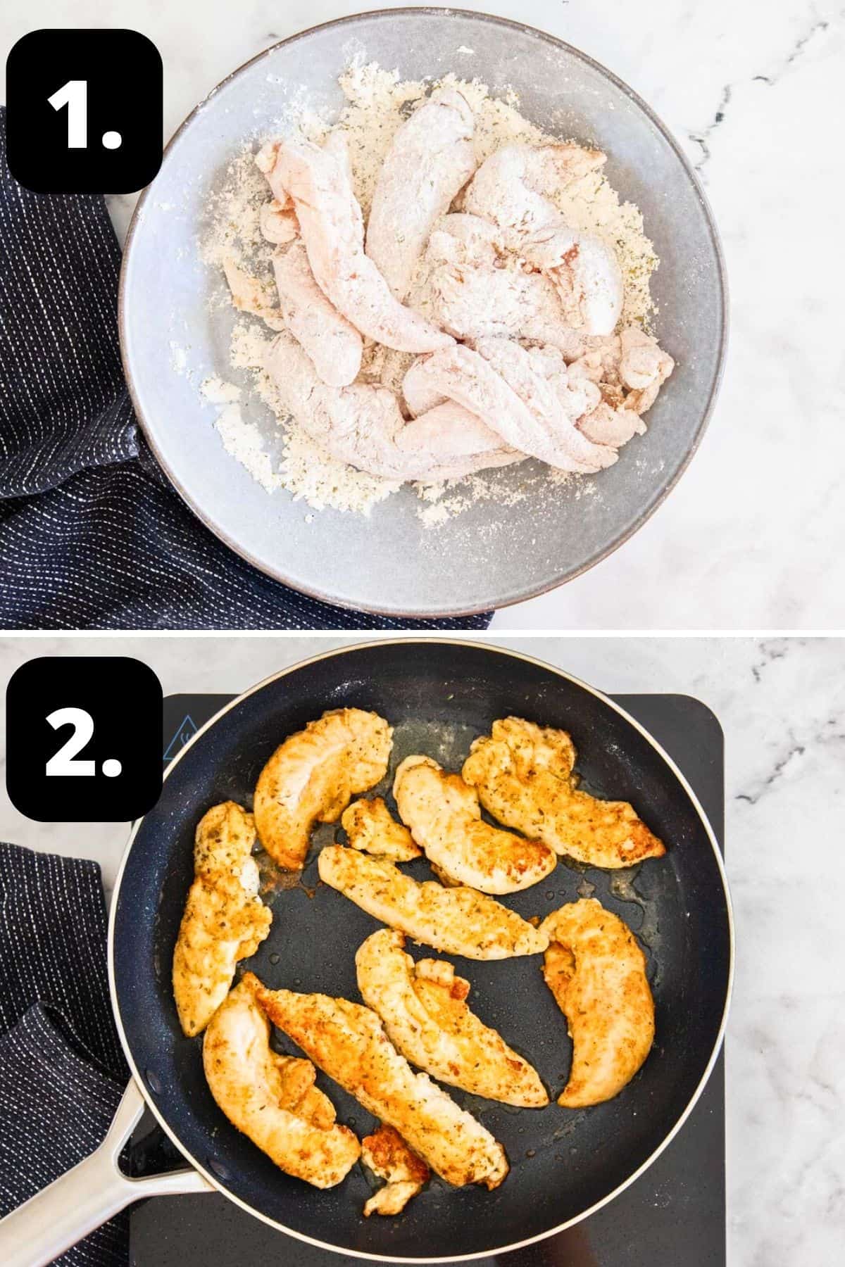 Steps 1-2 of preparing this recipe: coating the chicken tenders in seasoned flour and cooking in a frying pan.