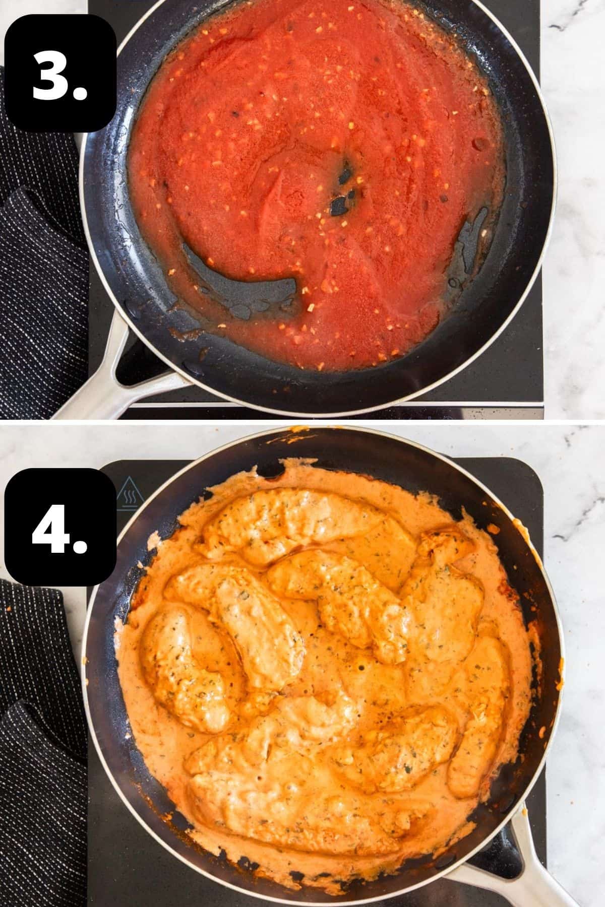 Steps 3-4 of preparing this recipe: starting the tomato sauce in the frying pan and the chicken returned to the sauce.