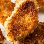 Pinterest image with photo of Crispy Crumbed Pork Medallions.