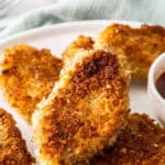 Pinterest image with photo of Crispy Crumbed Pork Medallions.