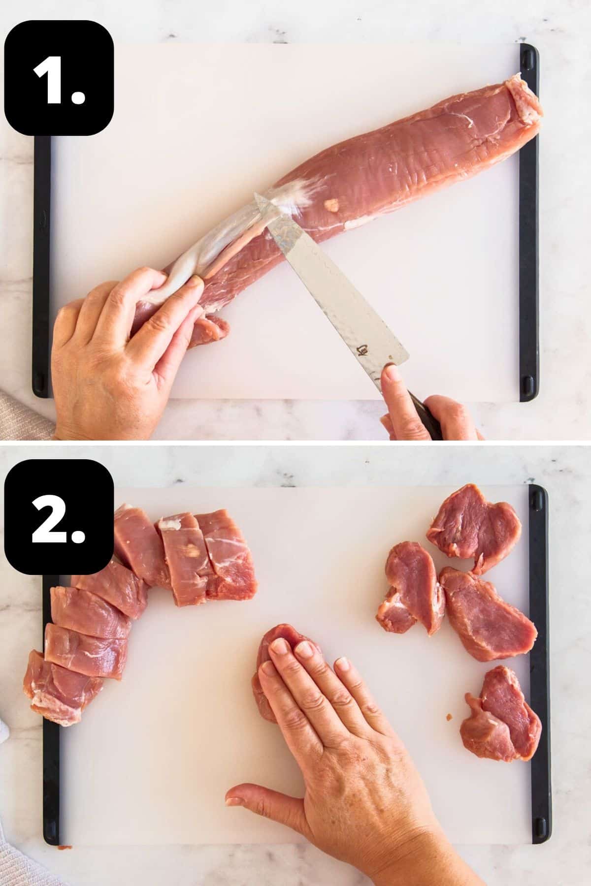Steps 1-2 of preparing this recipe: removing the silver skin from the pork and pressing out the slices into medallions.