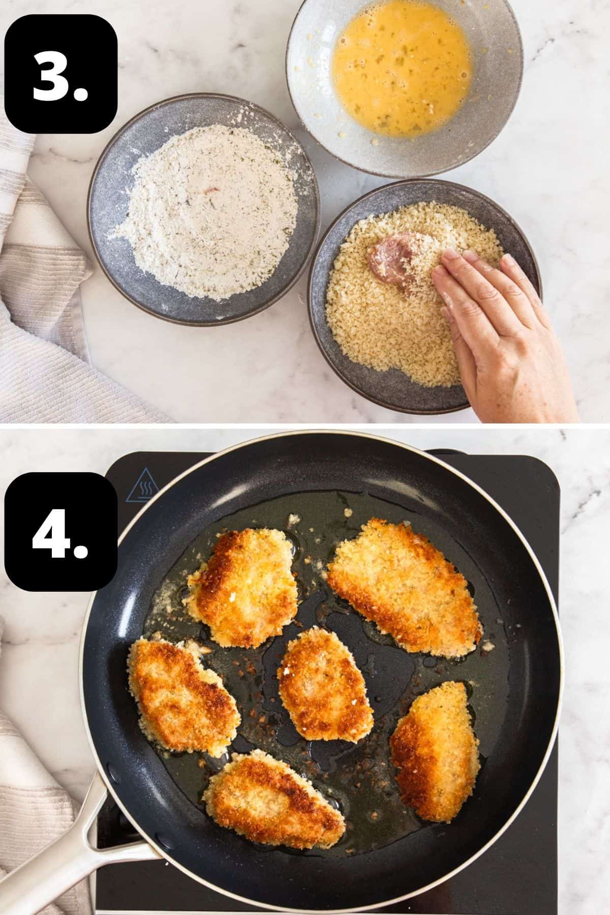 Steps 3-4 of preparing this recipe: a breading station set up for coating the pork and cooking the pork in a frying pan.