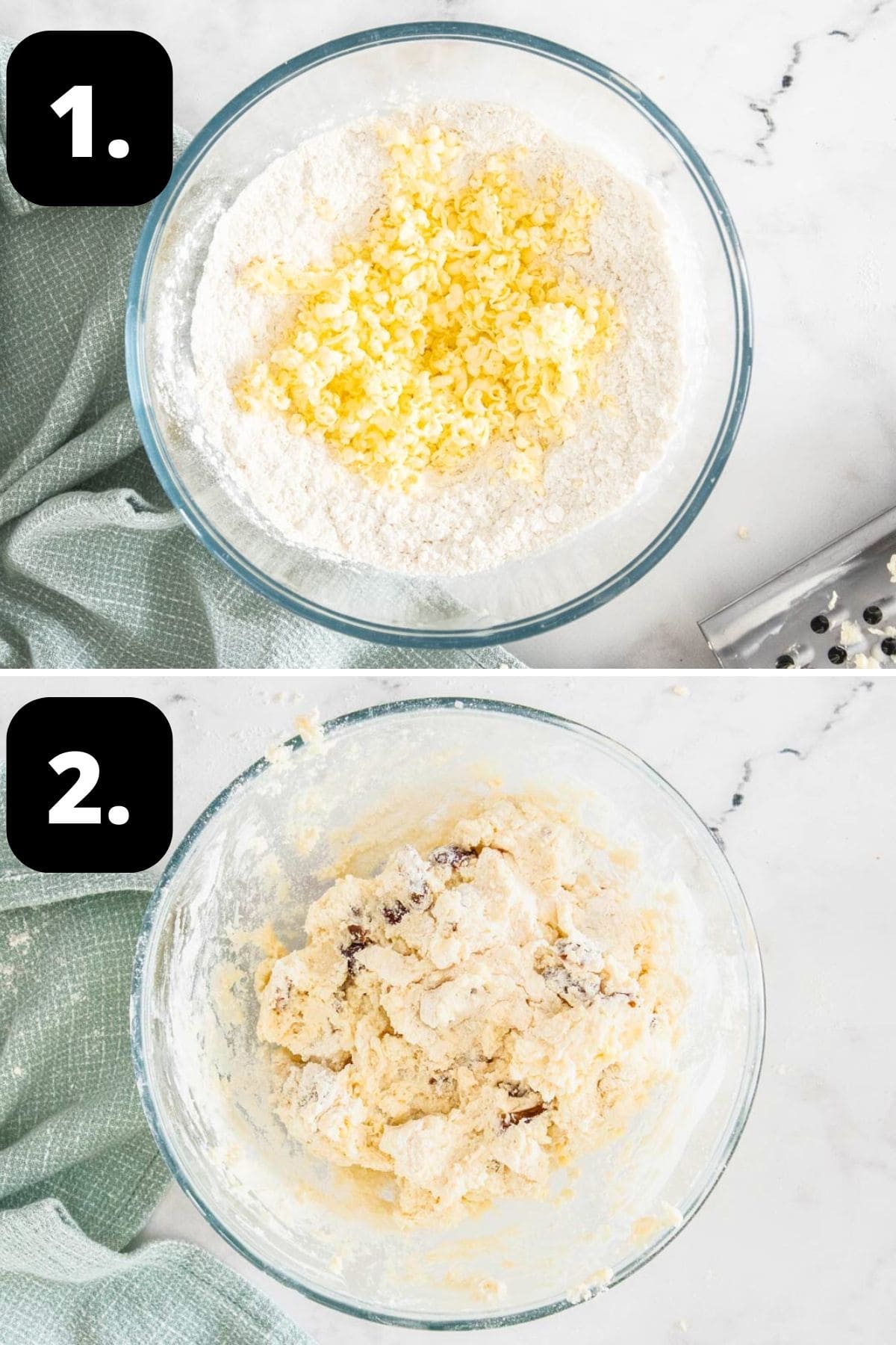 Steps 1-2 of preparing this recipe: the flour and butter in a bowl and the mixture just combined.