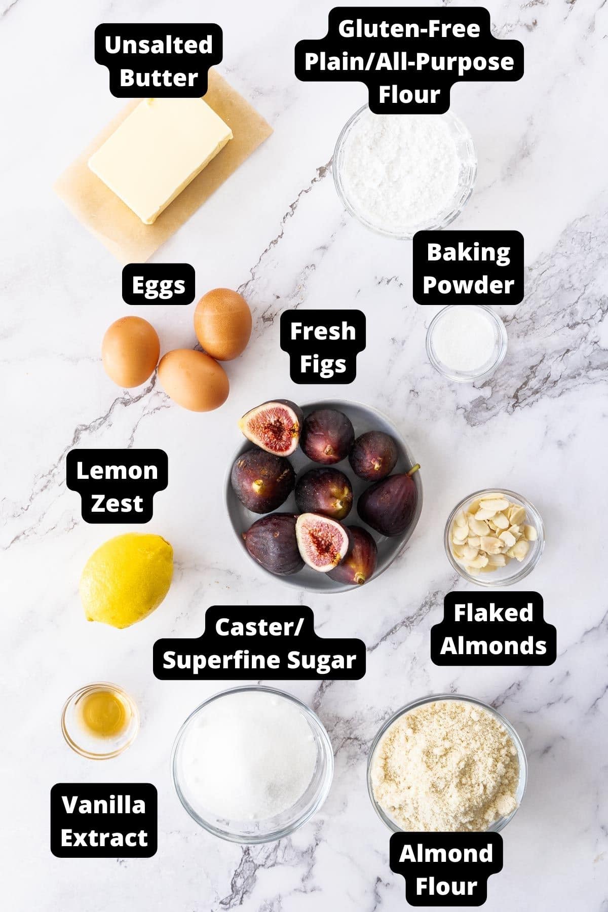 Ingredients in this recipe on a white marble background.