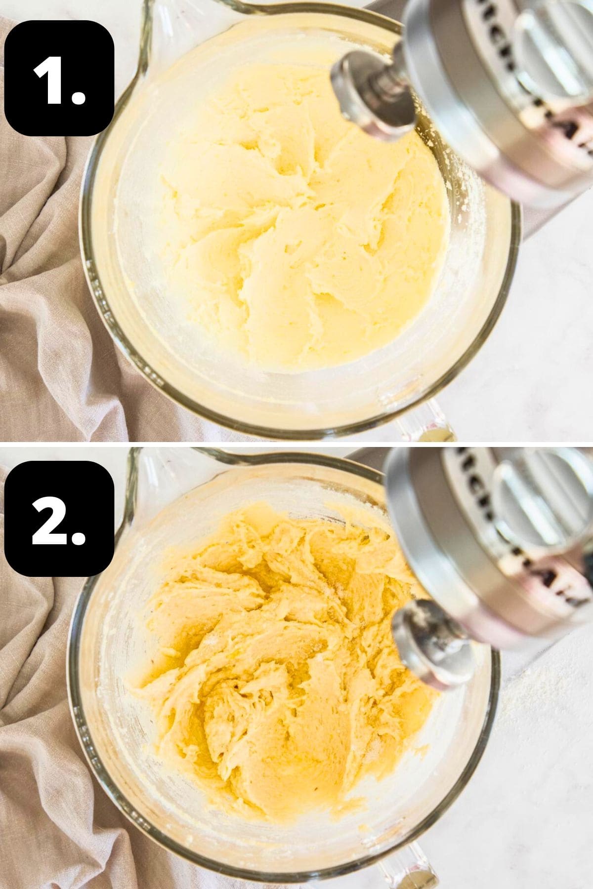 Steps 1-2 of preparing this recipe: creaming the butter and sugar in a mixer and the mixture with the dry ingredients added.