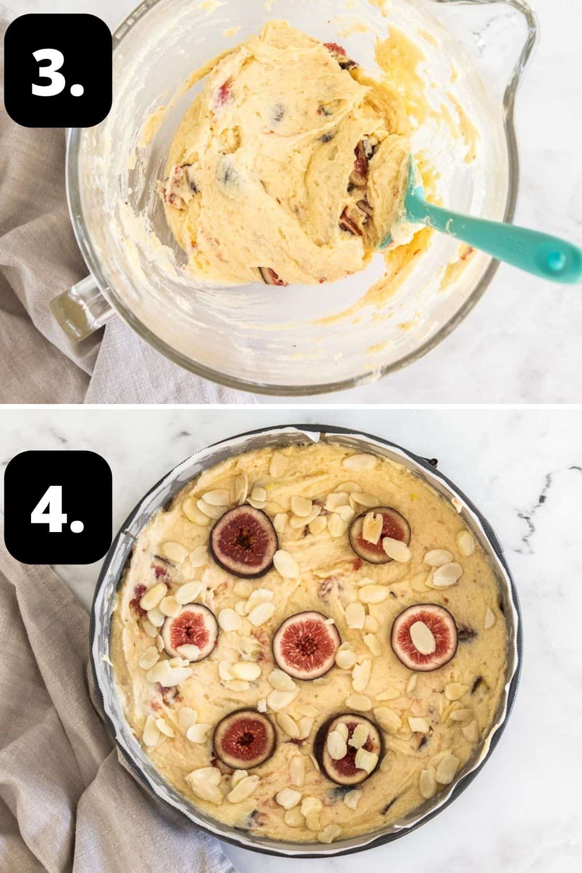 Steps 3-4 of preparing this recipe: folding cut figs into the batter and the batter in the tin, topped with figs and almonds.