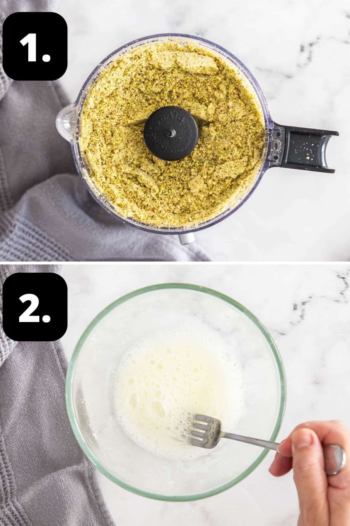 Steps 1-2 of preparing this recipe: blended pistachios and sugar in a food processor and the whisked egg white in a bowl.