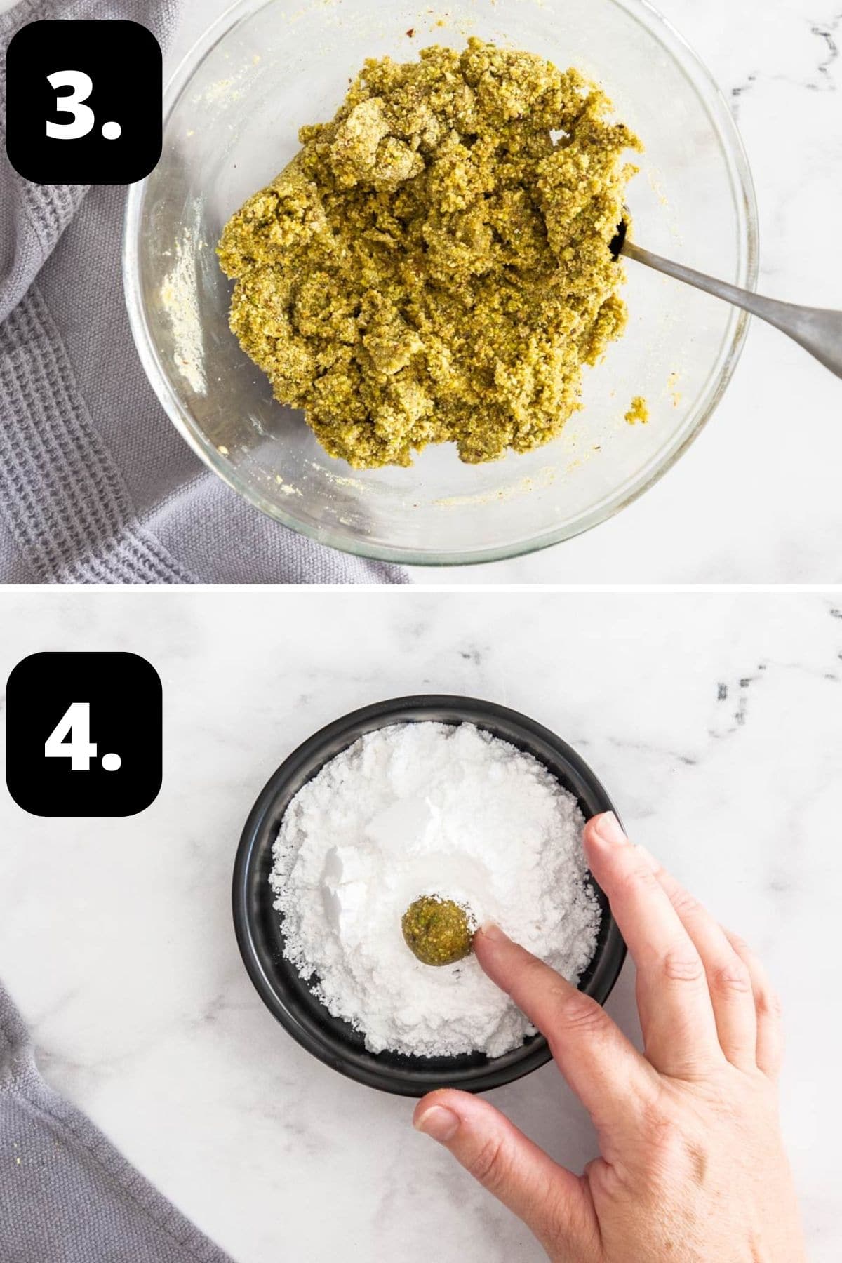Steps 3-4 of preparing this recipe: the cookie mixture in a bowl and rolling the cookie dough balls in icing/powdered sugar.