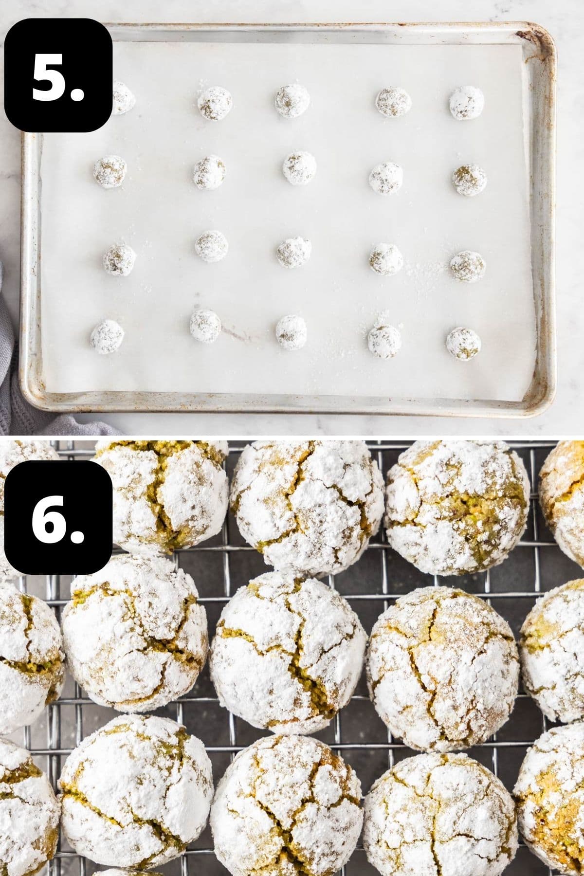 Steps 5-6 of preparing this recipe: the cookie balls on a tray ready for the oven and the baked cookies on a cooling rack.