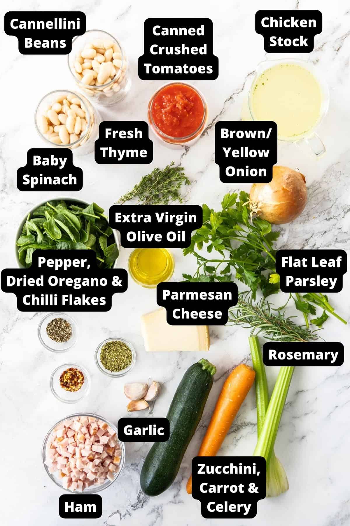 Ingredients in this recipe on a white marble background.