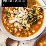 Pinterest image with photo of Ham and Cannellini Bean Soup.