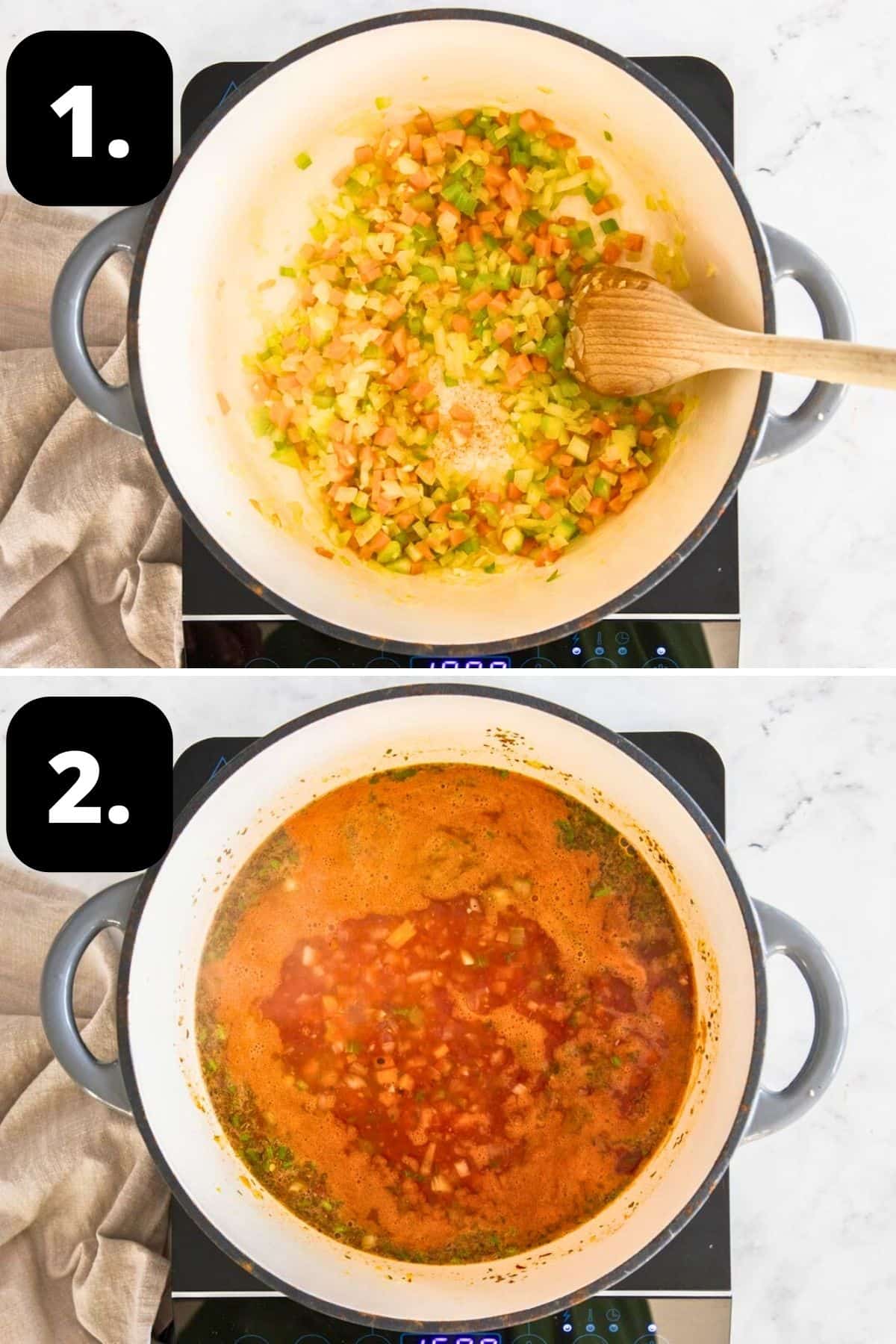 Steps 1-2 of preparing this recipe: sautéing the vegetables in a saucepan and the liquids for the soup in the pot.