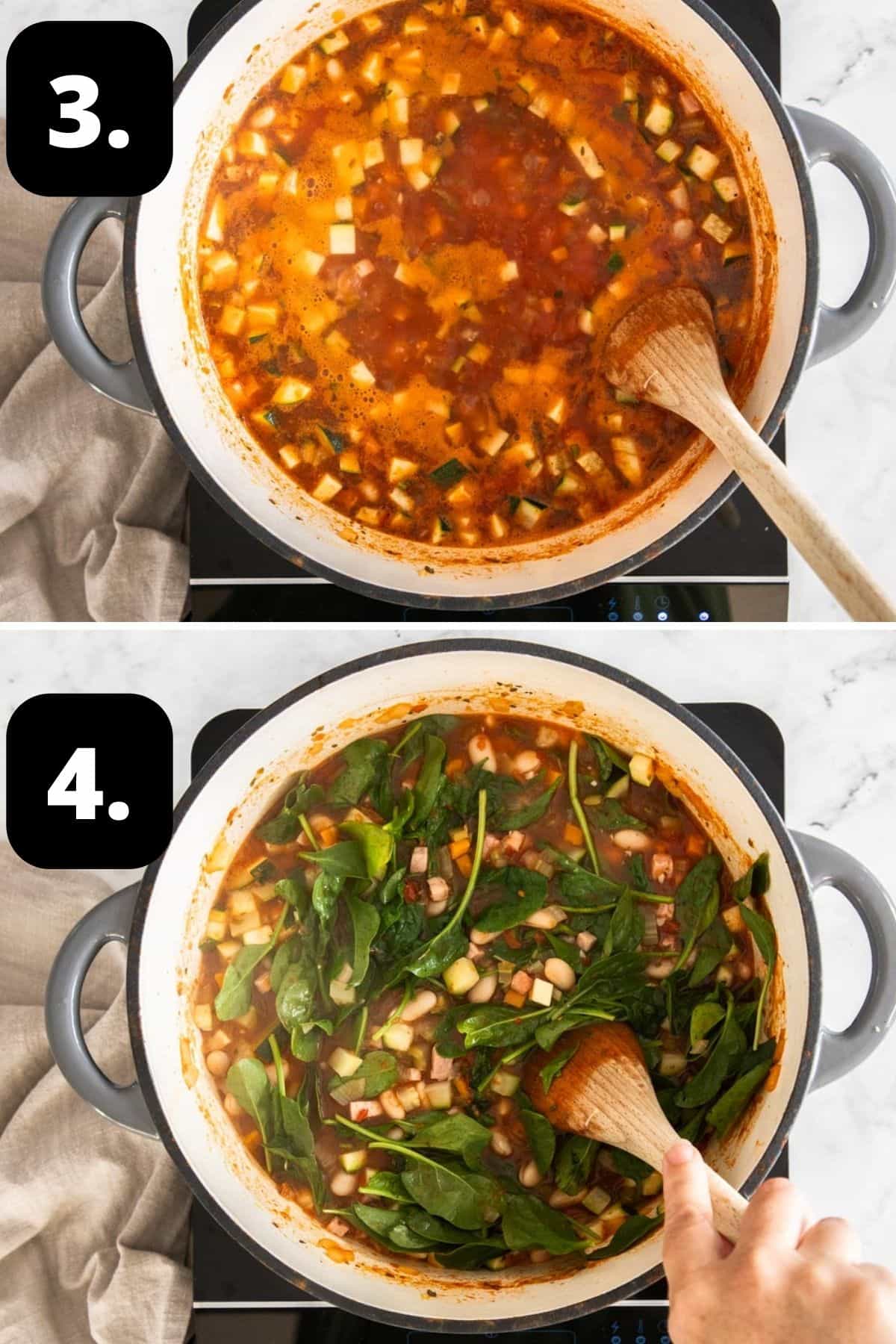 Steps 3-4 of preparing this recipe: the soup simmering and stirring through the spinach shortly before serving.
