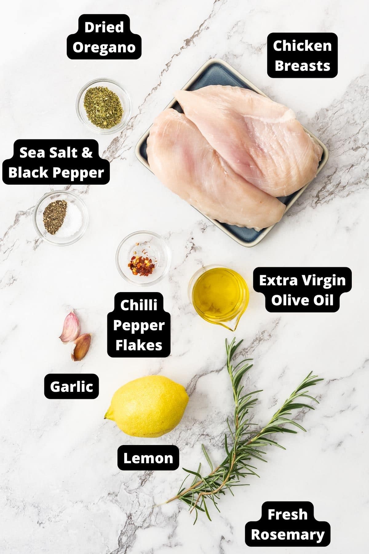 Ingredients in this recipe on a white marble background.
