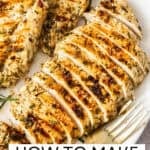 Pinterest image with photo of Mediterranean Marinated Chicken Breast.