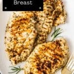 Pinterest image with photo of Mediterranean Marinated Chicken Breast.