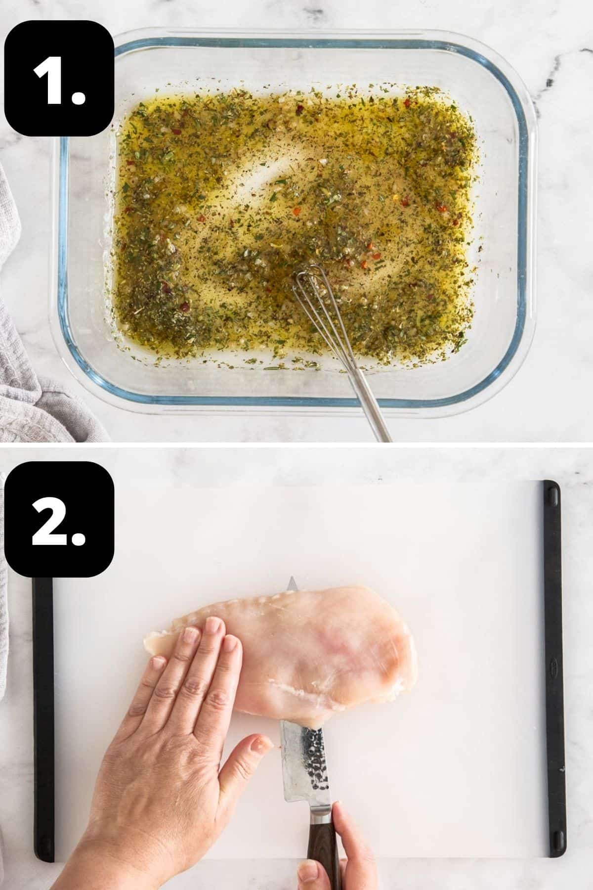 Steps 1-2 of preparing this recipe: making the marinade in a glass dish and slicing the chicken breasts in half.