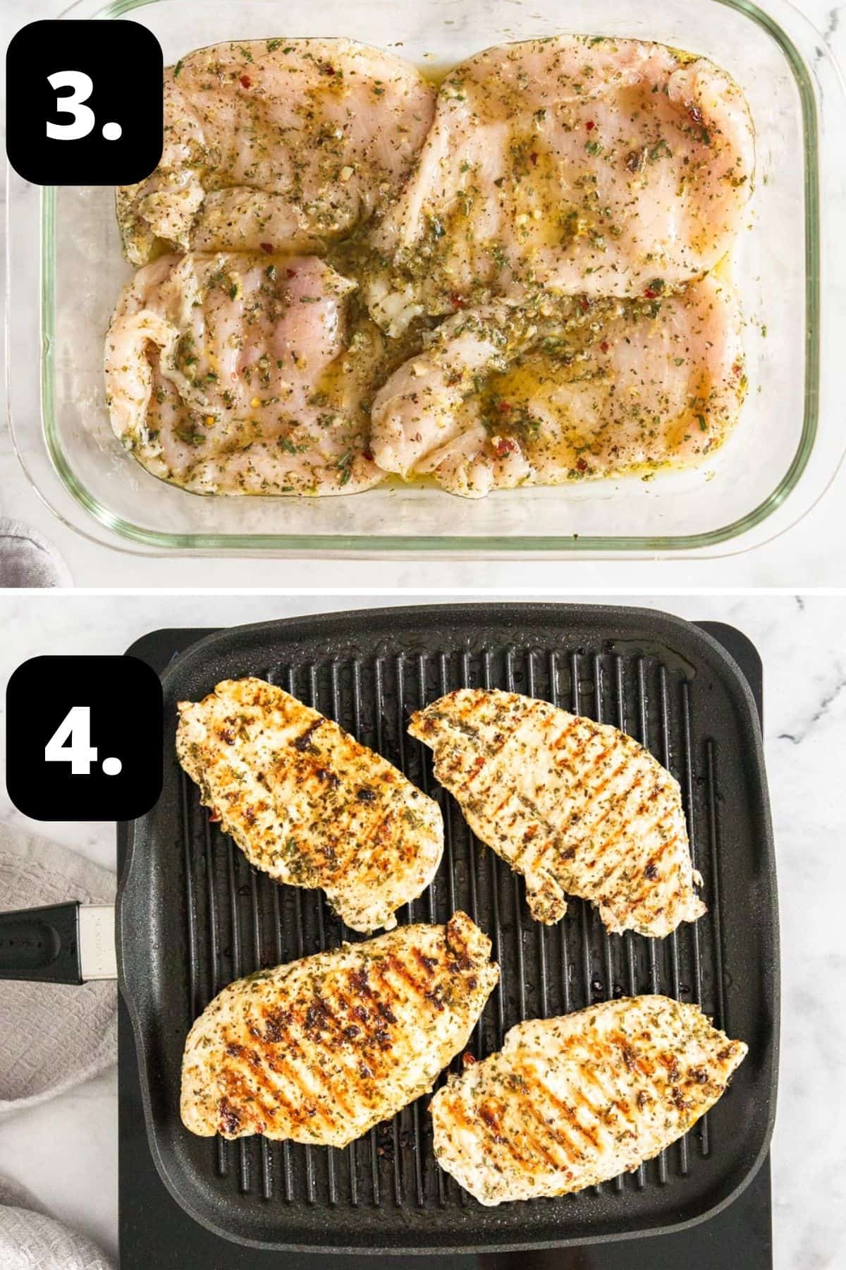 Steps 3-4 of preparing this recipe: the chicken in the marinade and cooking the chicken on a grill pan.