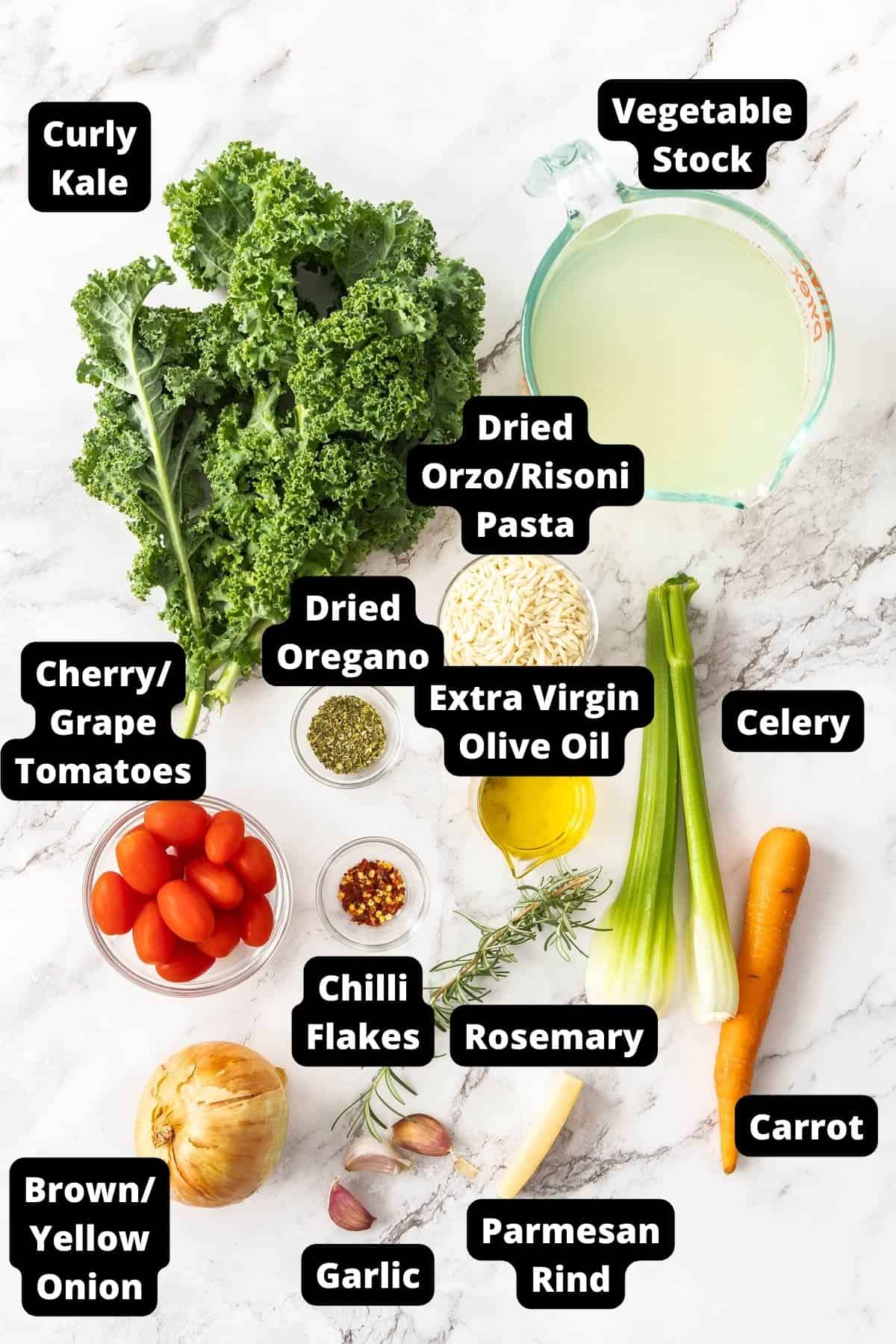 Ingredients in this recipe on a white marble background.