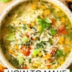 Pinterest image with photo of Mediterranean Orzo Soup.