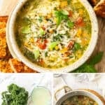 Pinterest image with photos of Mediterranean Orzo Soup.