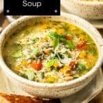 Pinterest image with photo of Mediterranean Orzo Soup.