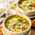 Pinterest image with photo of Mediterranean Orzo Soup.