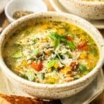 Pinterest image with photo of Mediterranean Orzo Soup.