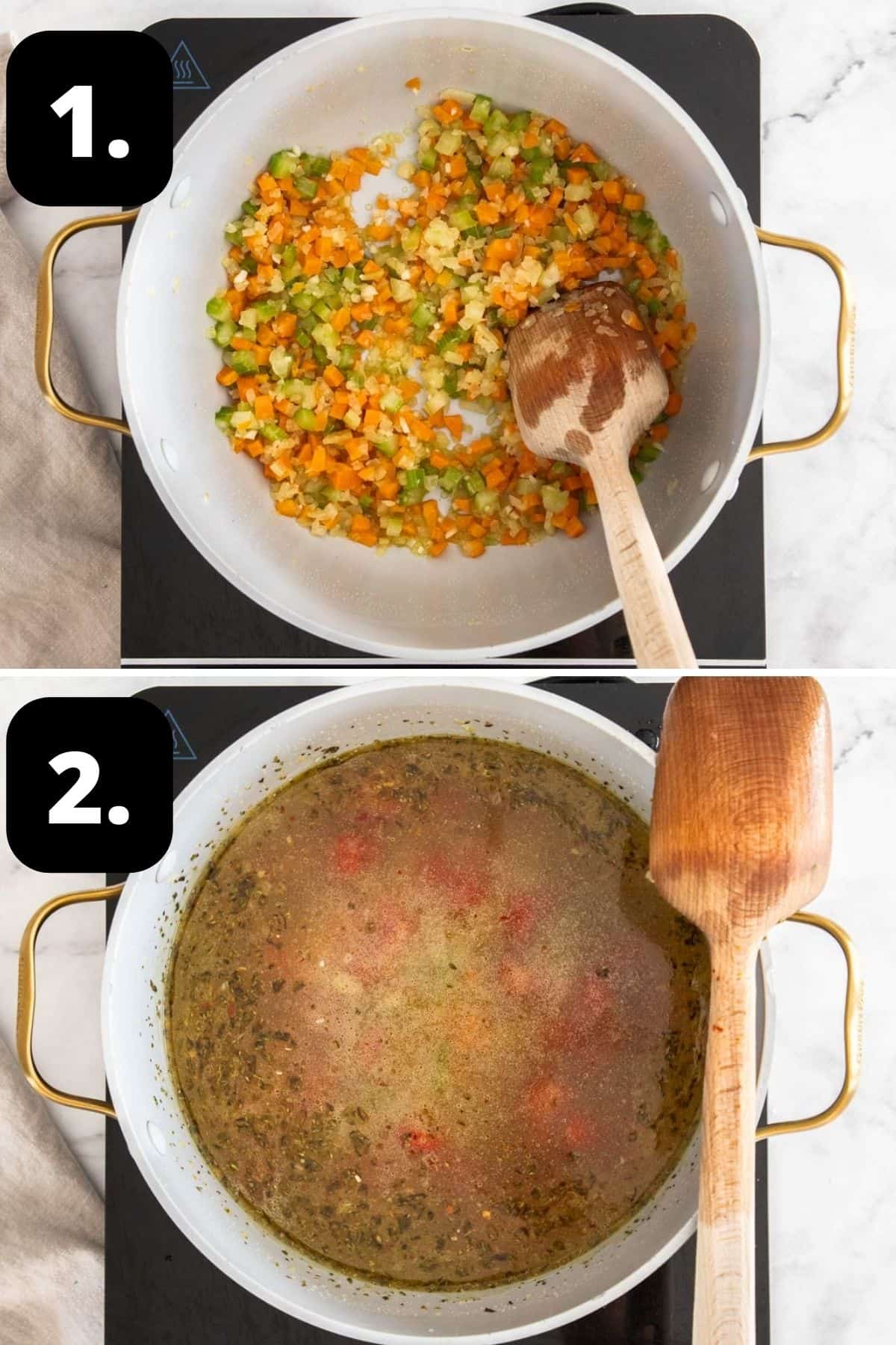 Steps 1-2 of preparing this recipe: sautéing the vegetables in a large saucepan and adding the liquids to the pan.