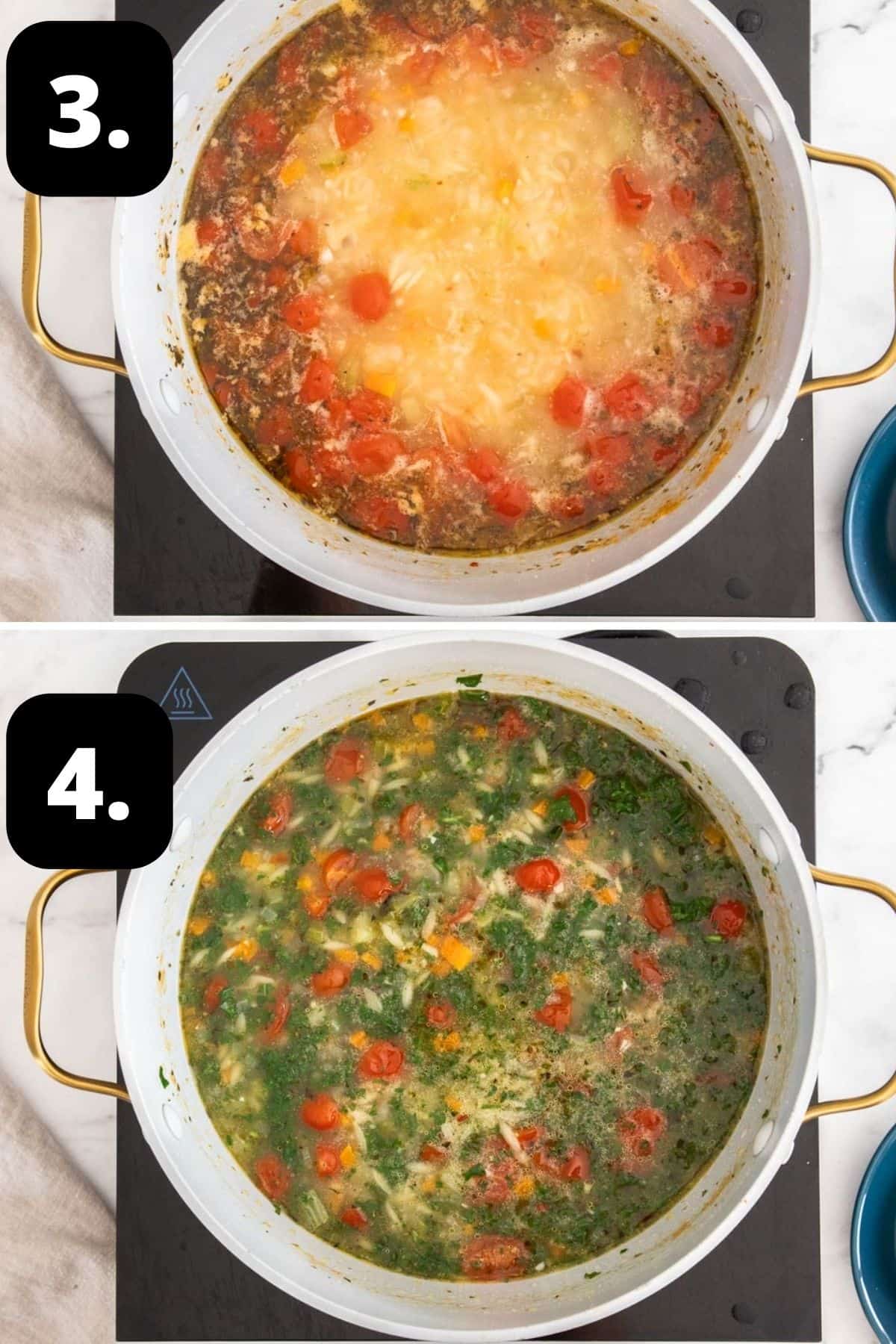 Steps 3-4 of preparing this recipe: the orzo added to the soup and the cooked soup ready to serve.