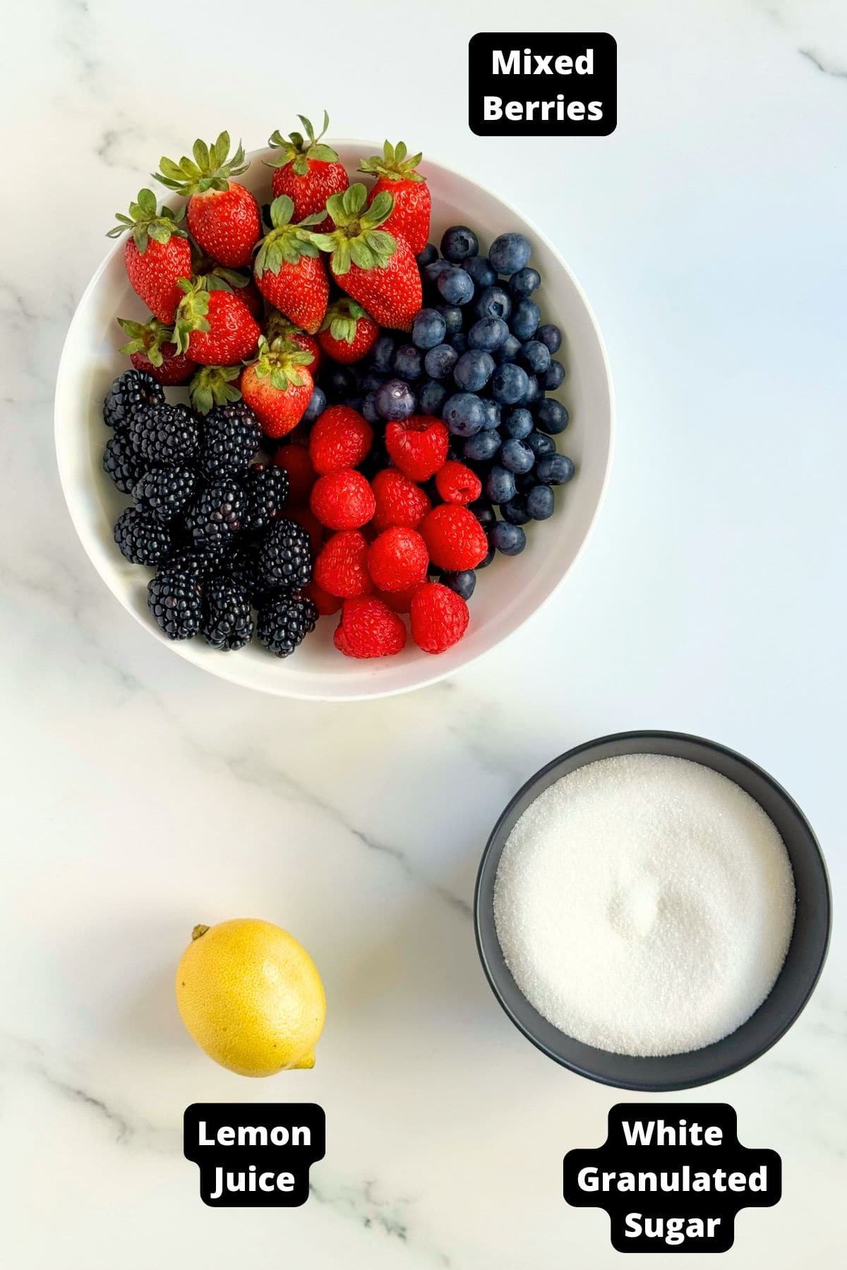 Ingredients in this recipe on a white marble background.