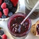 Pinterest image with photo of Mixed Berry Jam.